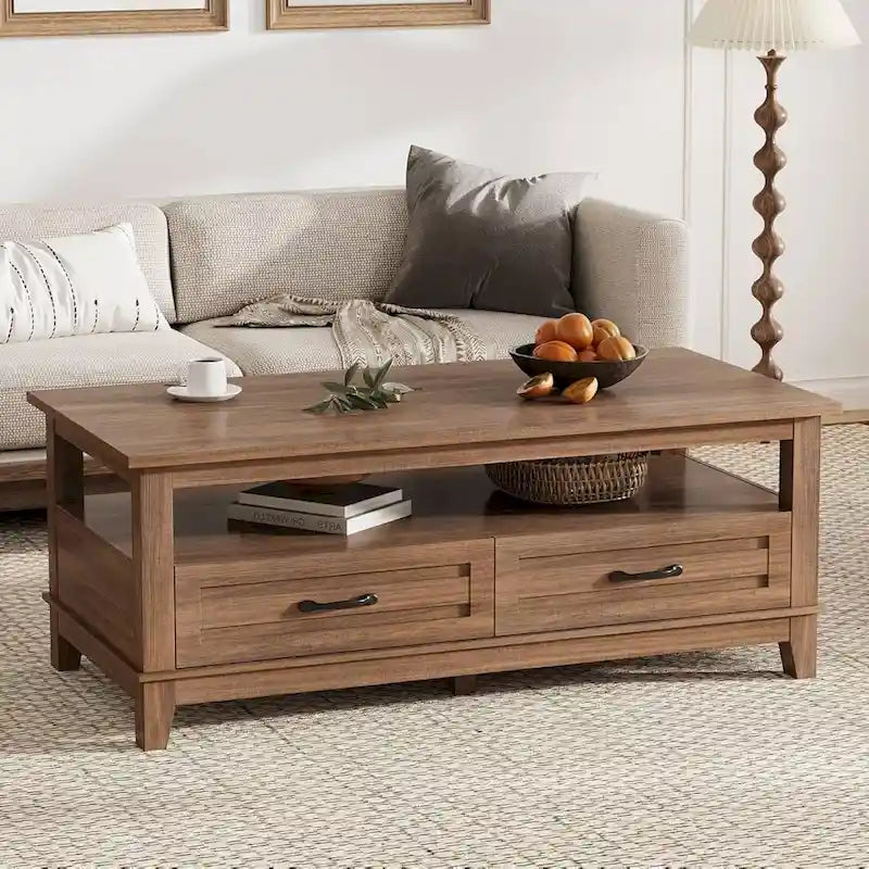 Farmhouse Coffee Table with Drawers and Open Shelf
