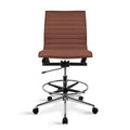 Modern Drafting Chair Upholstered PU Leather Ribbed Armless Mid Back with Tall Adjustable Base & Leg Rest