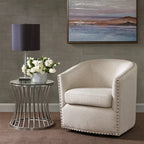 Upholstered Swivel Barrel Chair with Nailheads