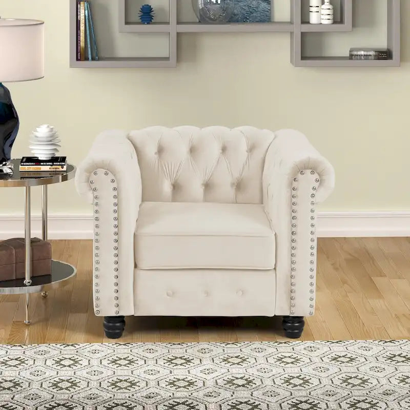 Velvet Chesterfield Club Chair,Button Tufted Upholstered Armchair with Nailhead and Solid Wood Legs for Living Room