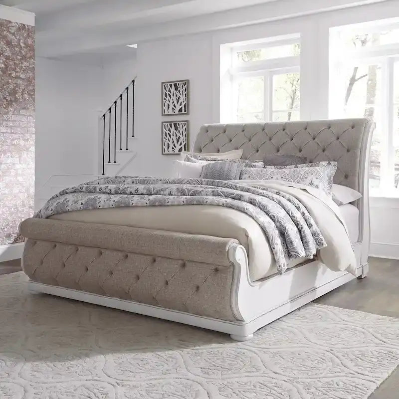 Antique White Weathered Bark King California Upholstered Sleigh Bed