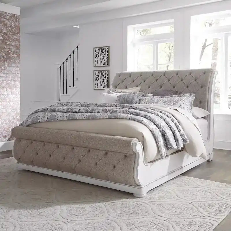 Magnolia Manor Antique White Weathered Bark King California Upholstered Sleigh Bed