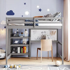 Full Size Wooden Loft Bed with Shelves, Desk and Writing Board